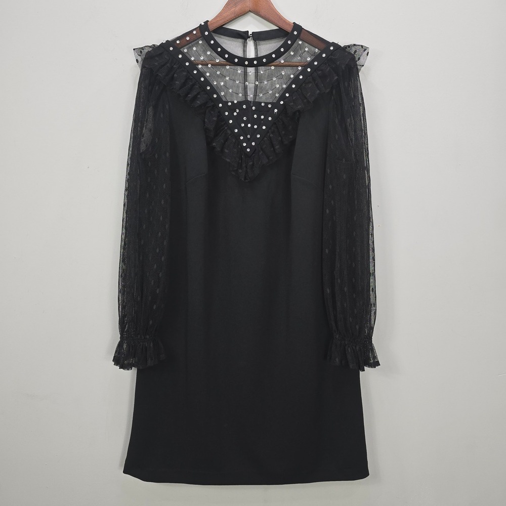 Betsey Johnson Dress 14 Black Rhinestone Mesh Ruffle Long Balloon Sleeve‎ Retro